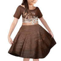 Personalised Bula Fiji Family Matching Long Sleeve Bodycon Dress and Hawaiian Shirt Fijian Masi Pattern With Brown Coat Of Arms LT05 Daughter's Dress Brown - Polynesian Pride