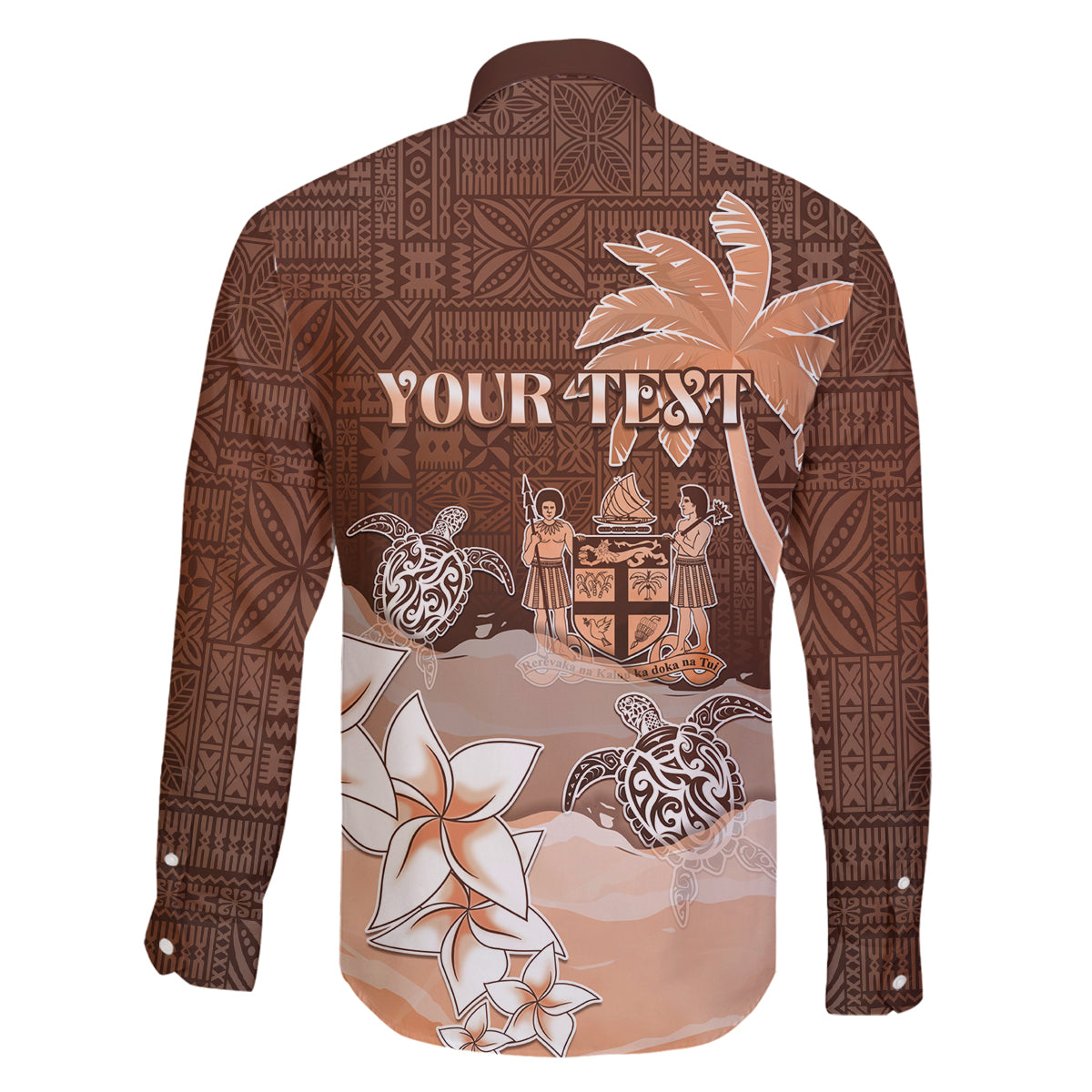 Personalised Bula Fiji Family Matching Long Sleeve Bodycon Dress and Hawaiian Shirt Fijian Masi Pattern With Brown Coat Of Arms LT05 - Polynesian Pride