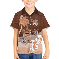 Personalised Bula Fiji Family Matching Long Sleeve Bodycon Dress and Hawaiian Shirt Fijian Masi Pattern With Brown Coat Of Arms LT05 Son's Shirt Brown - Polynesian Pride