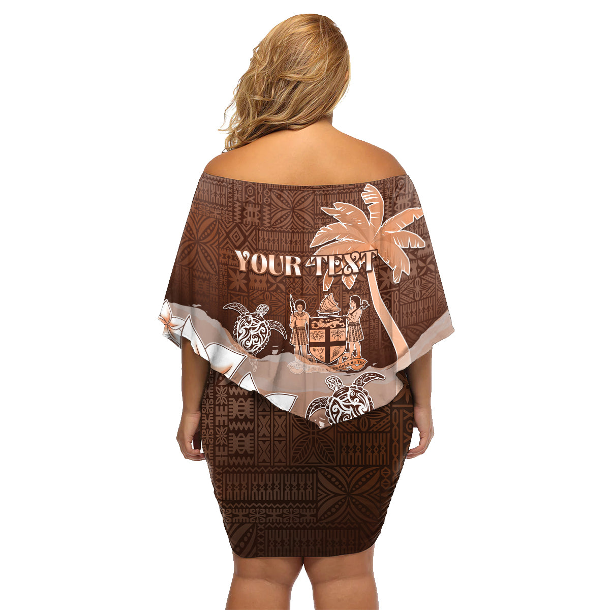 Personalised Bula Fiji Family Matching Off Shoulder Short Dress and Hawaiian Shirt Fijian Masi Pattern With Brown Coat Of Arms LT05 - Polynesian Pride