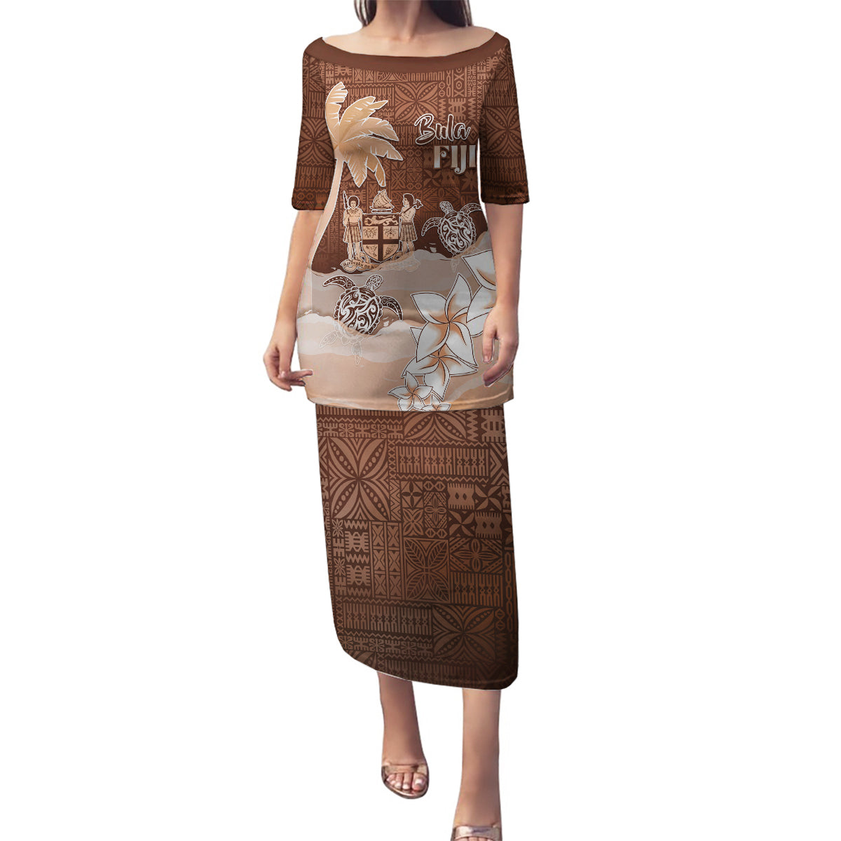 Personalised Bula Fiji Family Matching Puletasi and Hawaiian Shirt Fijian Masi Pattern With Brown Coat Of Arms LT05 Mom's Dress Brown - Polynesian Pride