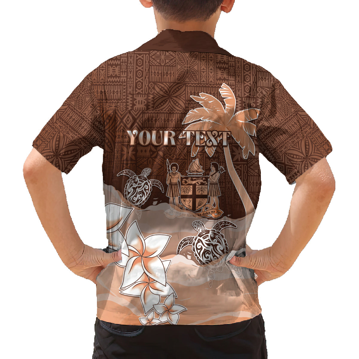 Personalised Bula Fiji Family Matching Summer Maxi Dress and Hawaiian Shirt Fijian Masi Pattern With Brown Coat Of Arms LT05 - Polynesian Pride