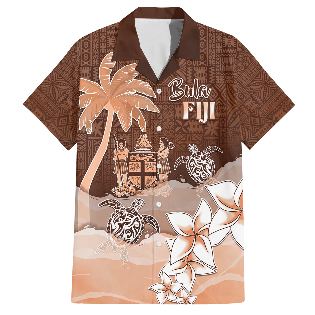 Personalised Bula Fiji Family Matching Summer Maxi Dress and Hawaiian Shirt Fijian Masi Pattern With Brown Coat Of Arms LT05 Dad's Shirt - Short Sleeve Brown - Polynesian Pride