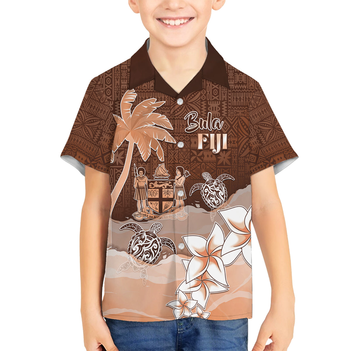 Personalised Bula Fiji Family Matching Tank Maxi Dress and Hawaiian Shirt Fijian Masi Pattern With Brown Coat Of Arms LT05 Son's Shirt Brown - Polynesian Pride