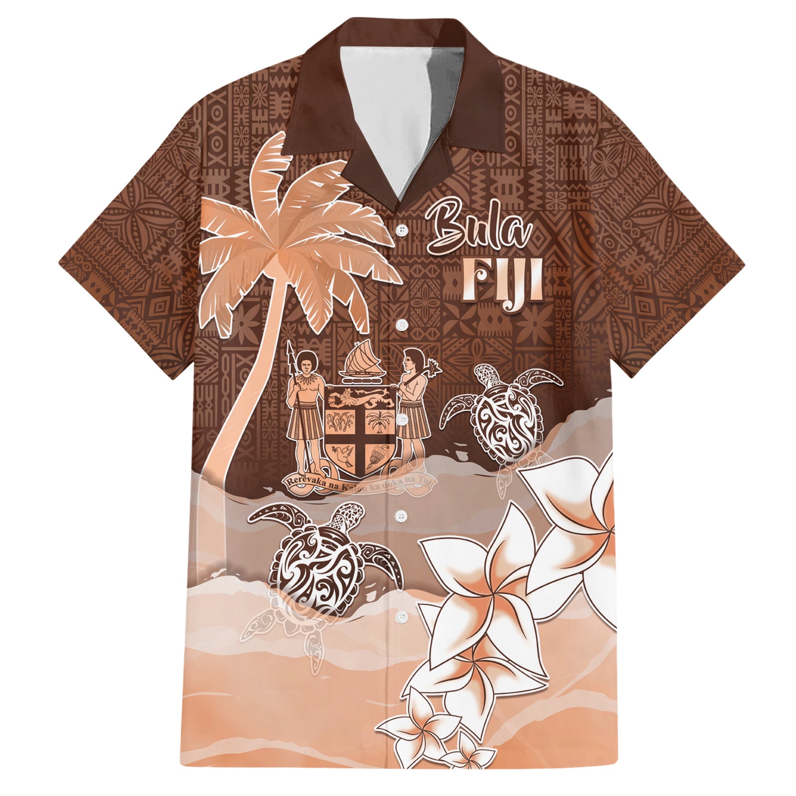 Personalised Bula Fiji Hawaiian Shirt Fijian Masi Pattern With Brown Coat Of Arms LT05 Brown - Polynesian Pride