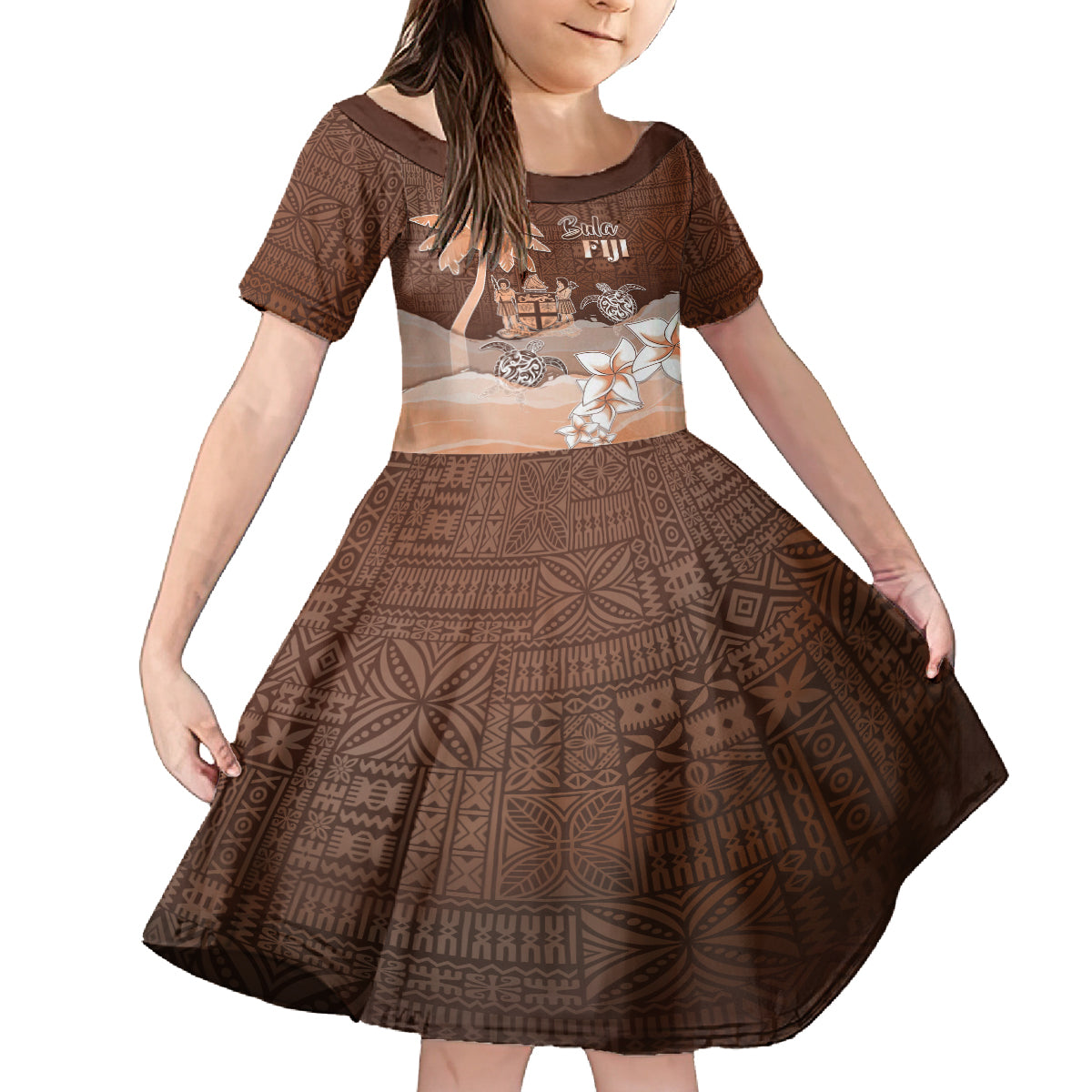 Personalised Bula Fiji Kid Short Sleeve Dress Fijian Masi Pattern With Brown Coat Of Arms LT05 KID Brown - Polynesian Pride
