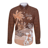 Personalised Bula Fiji Long Sleeve Button Shirt Fijian Masi Pattern With Brown Coat Of Arms LT05 Unisex Brown - Polynesian Pride