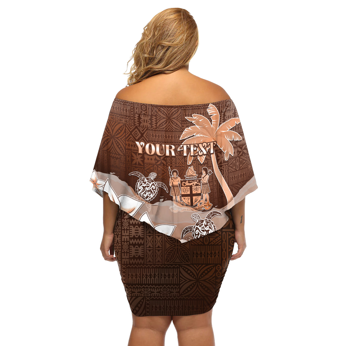 Personalised Bula Fiji Off Shoulder Short Dress Fijian Masi Pattern With Brown Coat Of Arms LT05 - Polynesian Pride