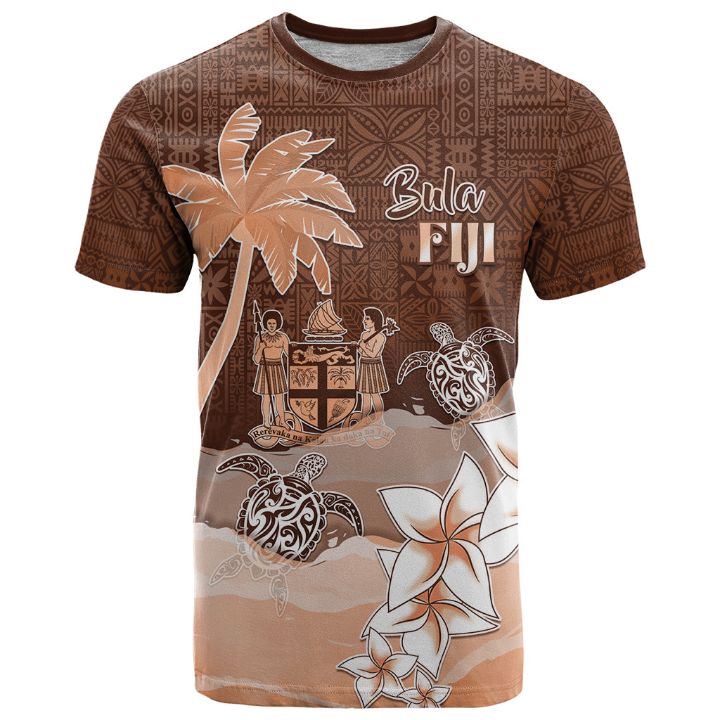 Personalised Bula Fiji T Shirt Fijian Masi Pattern With Brown Coat Of Arms LT05 Brown - Polynesian Pride