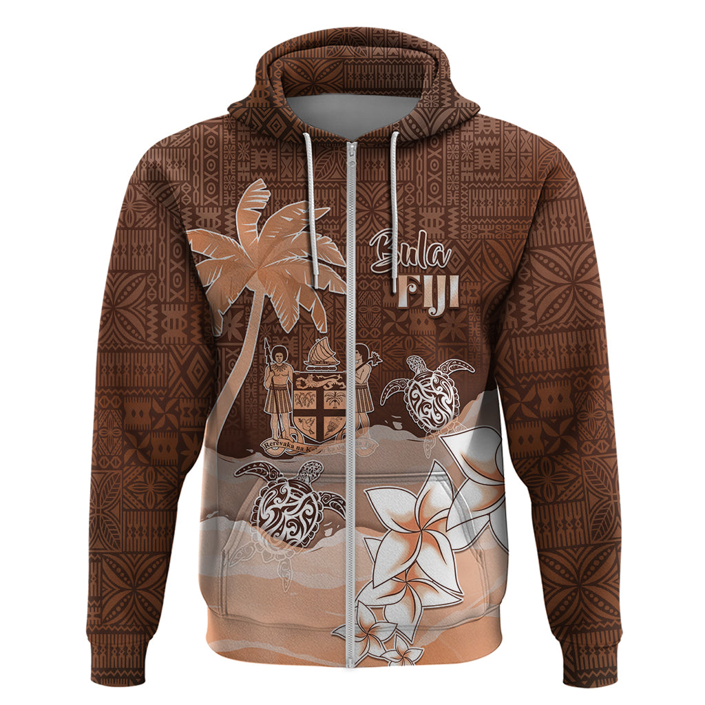Personalised Bula Fiji Zip Hoodie Fijian Masi Pattern With Brown Coat Of Arms LT05 Zip Hoodie Brown - Polynesian Pride