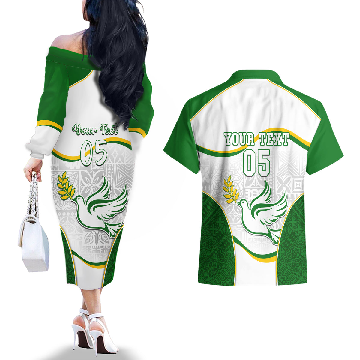 Custom Tailevu Rugby Couples Matching Off The Shoulder Long Sleeve Dress and Hawaiian Shirt Fiji Tapa Pattern LT05 - Polynesian Pride