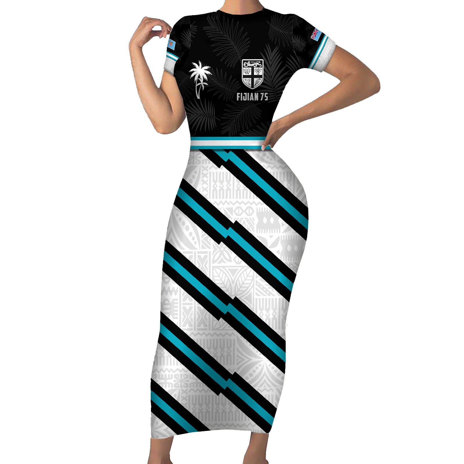 Custom Fiji Rugby Short Sleeve Bodycon Dress Fijian 7s With Tapa Pattern LT05 Long Dress White - Polynesian Pride