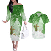 Happy Palm Sunday Couples Matching Off The Shoulder Long Sleeve Dress and Hawaiian Shirt With Polynesian Pattern LT05 Green - Polynesian Pride