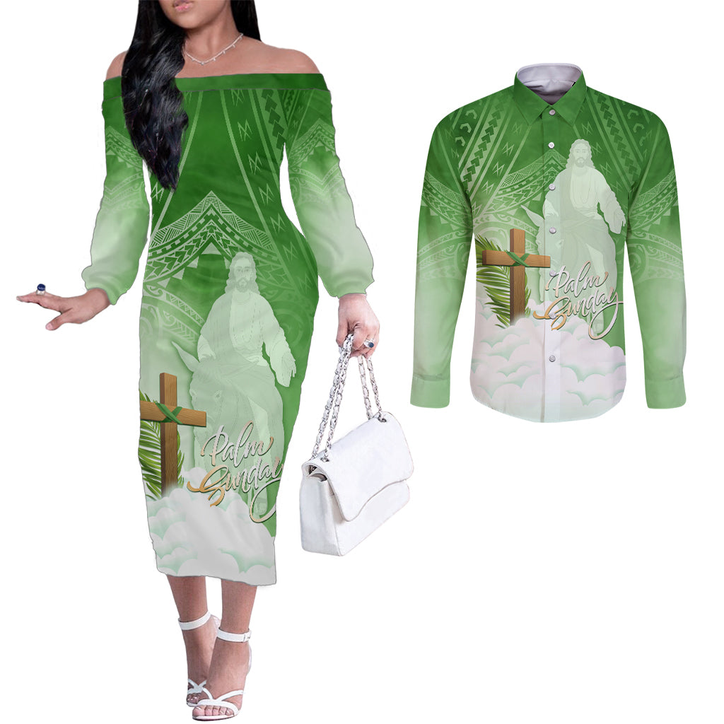 Happy Palm Sunday Couples Matching Off The Shoulder Long Sleeve Dress and Long Sleeve Button Shirt With Polynesian Pattern LT05 Green - Polynesian Pride