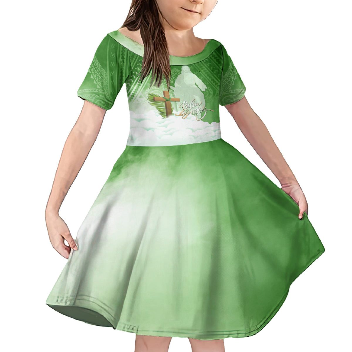 Happy Palm Sunday Family Matching Long Sleeve Bodycon Dress and Hawaiian Shirt With Polynesian Pattern LT05 Daughter's Dress Green - Polynesian Pride