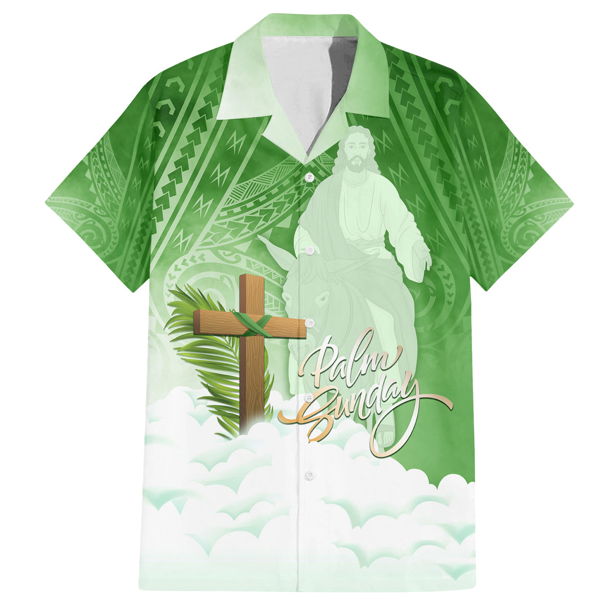 Happy Palm Sunday Family Matching Long Sleeve Bodycon Dress and Hawaiian Shirt With Polynesian Pattern LT05 Dad's Shirt - Short Sleeve Green - Polynesian Pride