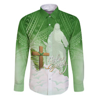 Happy Palm Sunday Family Matching Long Sleeve Bodycon Dress and Hawaiian Shirt With Polynesian Pattern LT05 Dad's Shirt - Long Sleeve Green - Polynesian Pride