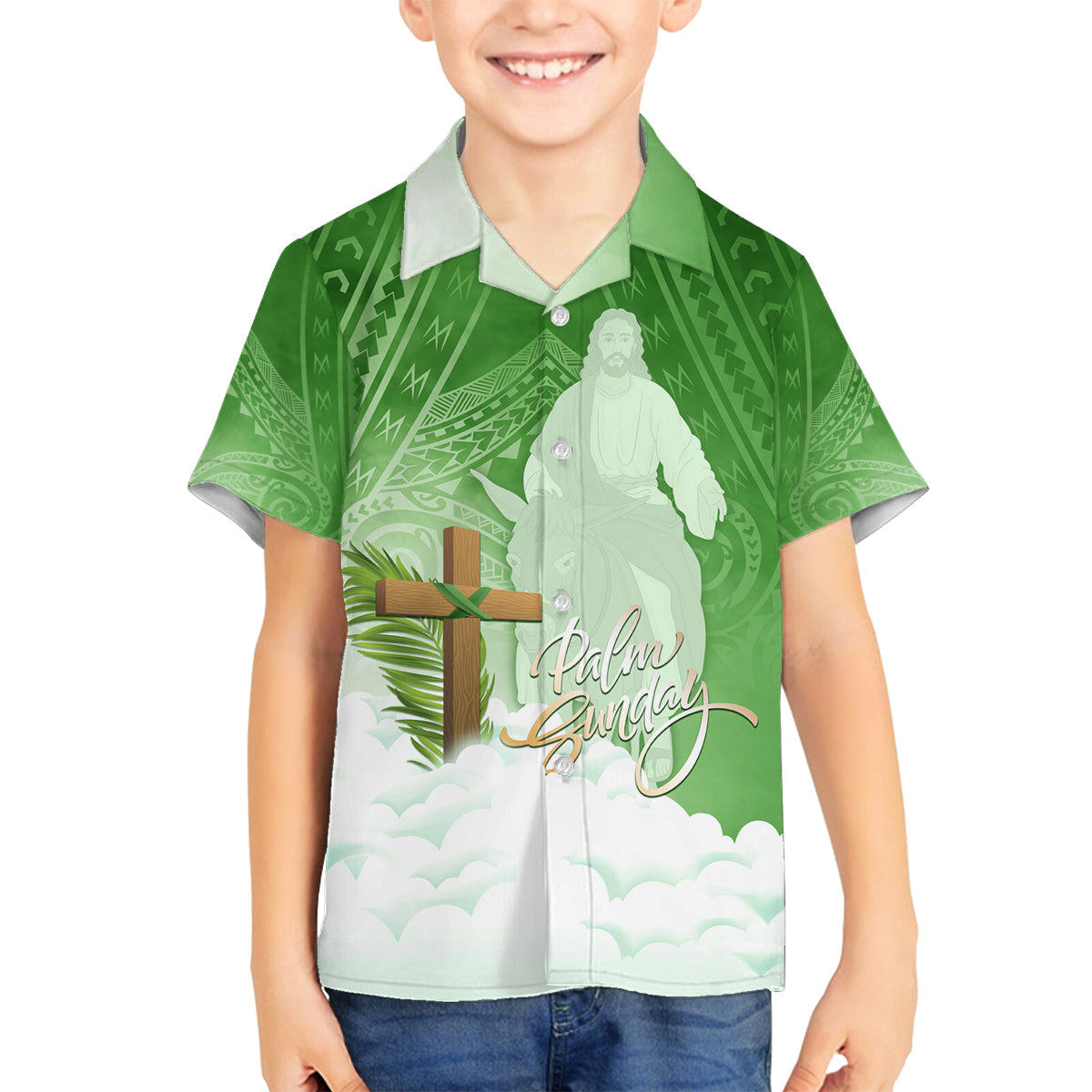 Happy Palm Sunday Family Matching Long Sleeve Bodycon Dress and Hawaiian Shirt With Polynesian Pattern LT05 Son's Shirt Green - Polynesian Pride