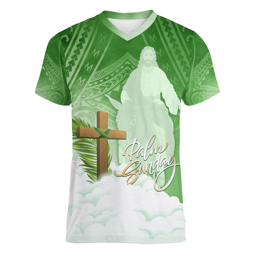 Happy Palm Sunday Women V Neck T Shirt With Polynesian Pattern LT05 Female Green - Polynesian Pride