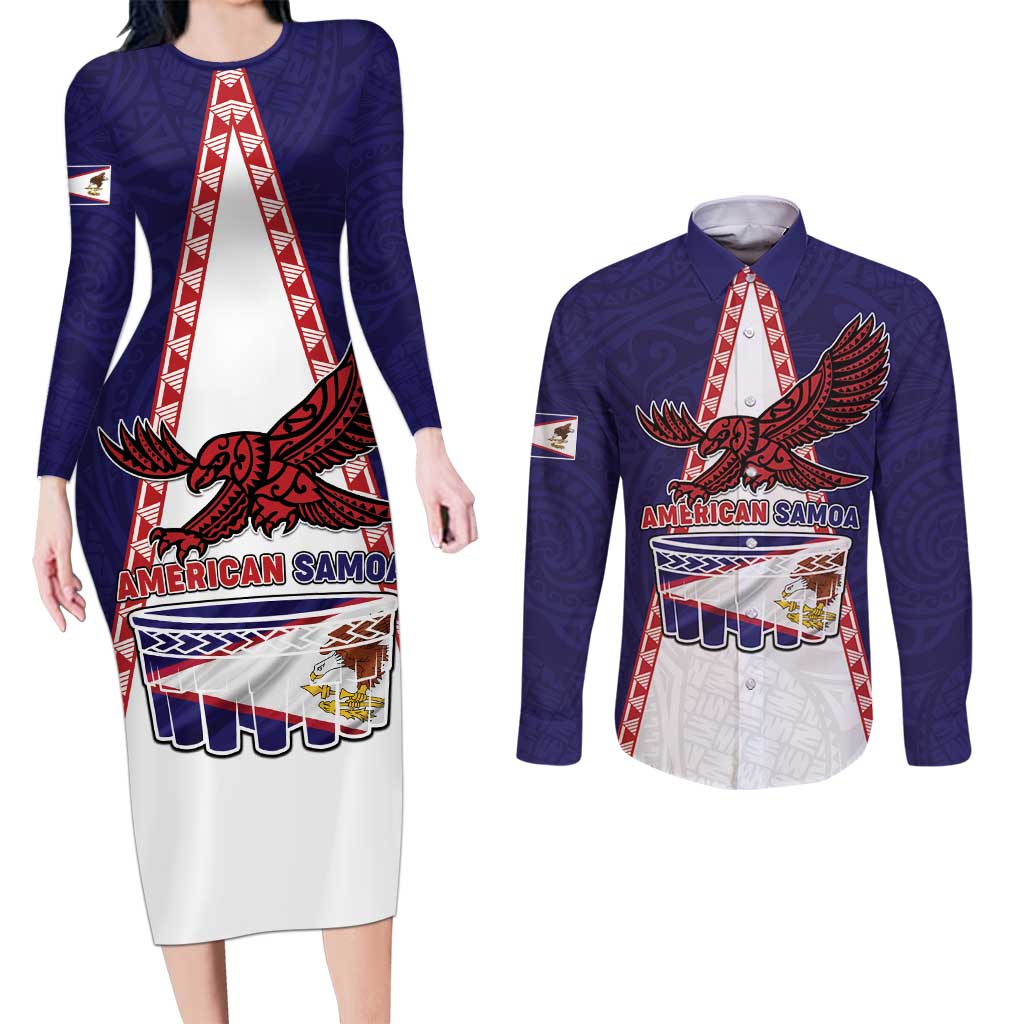 Personalised American Samoa Flag Day Couples Matching Long Sleeve Bodycon Dress and Long Sleeve Button Shirt Flag Style