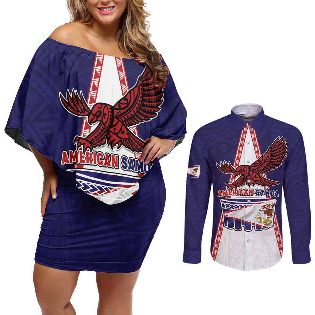 Personalised American Samoa Flag Day Couples Matching Off Shoulder Short Dress and Long Sleeve Button Shirt Flag Style