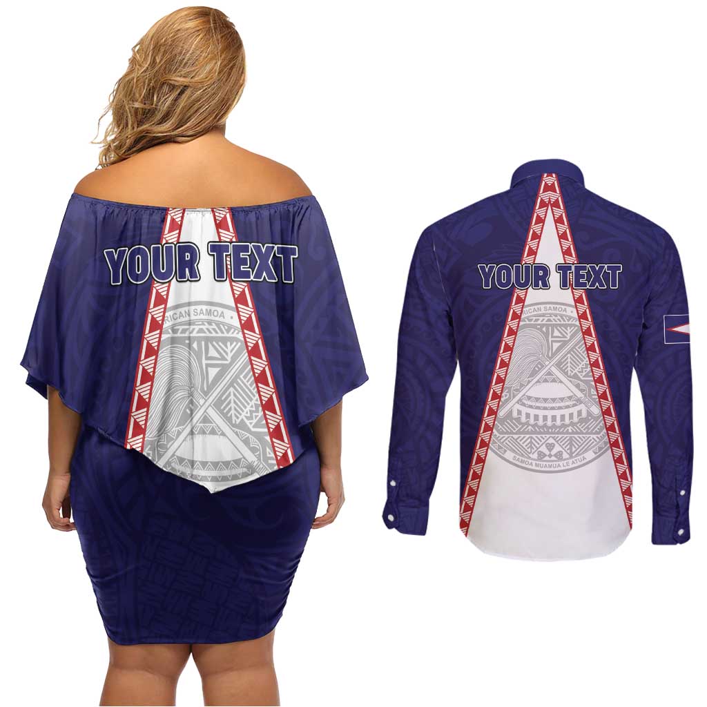 Personalised American Samoa Flag Day Couples Matching Off Shoulder Short Dress and Long Sleeve Button Shirt Flag Style