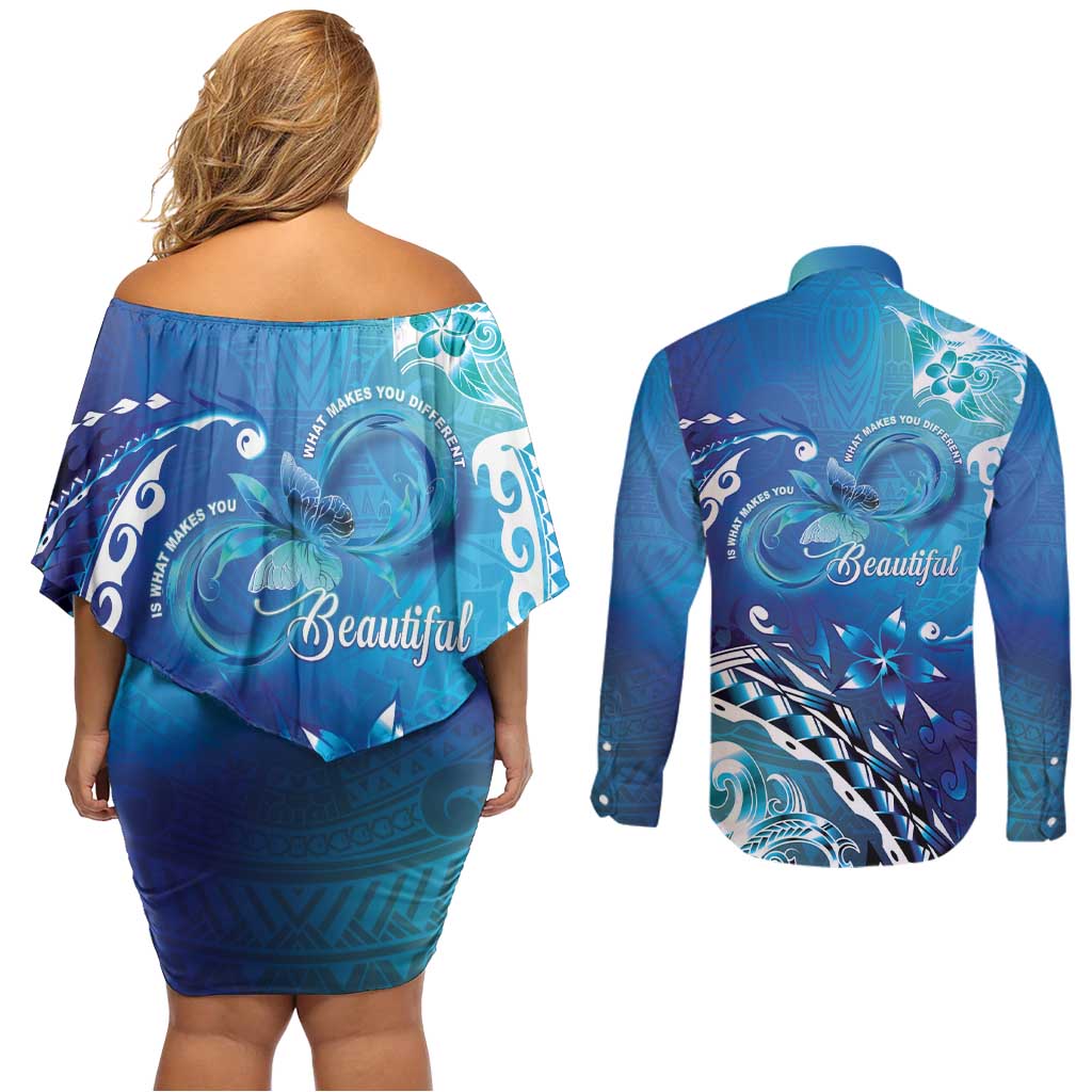 Polynesia Autism Awareness Couples Matching Off Shoulder Short Dress and Long Sleeve Button Shirt Be In Awe Of My 'Tism
