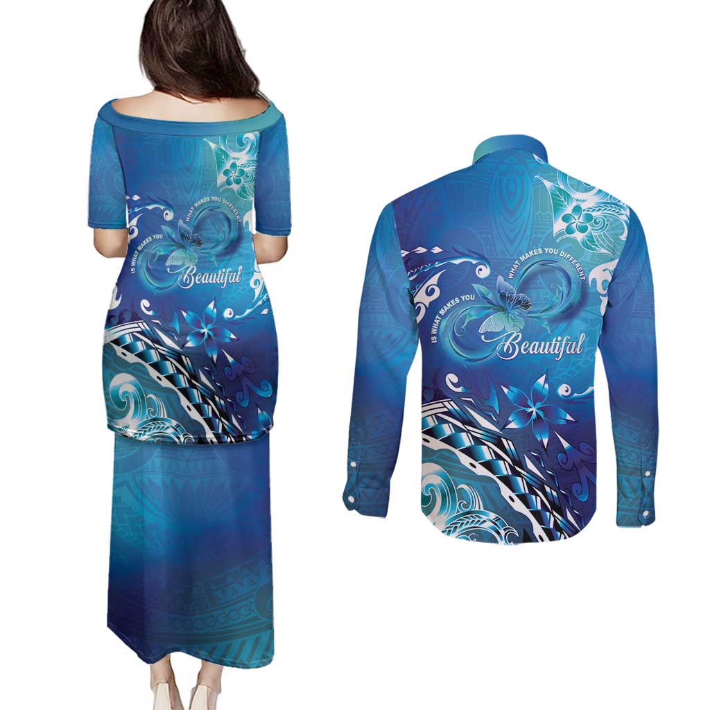 Polynesia Autism Awareness Couples Matching Puletasi and Long Sleeve Button Shirt Be In Awe Of My 'Tism