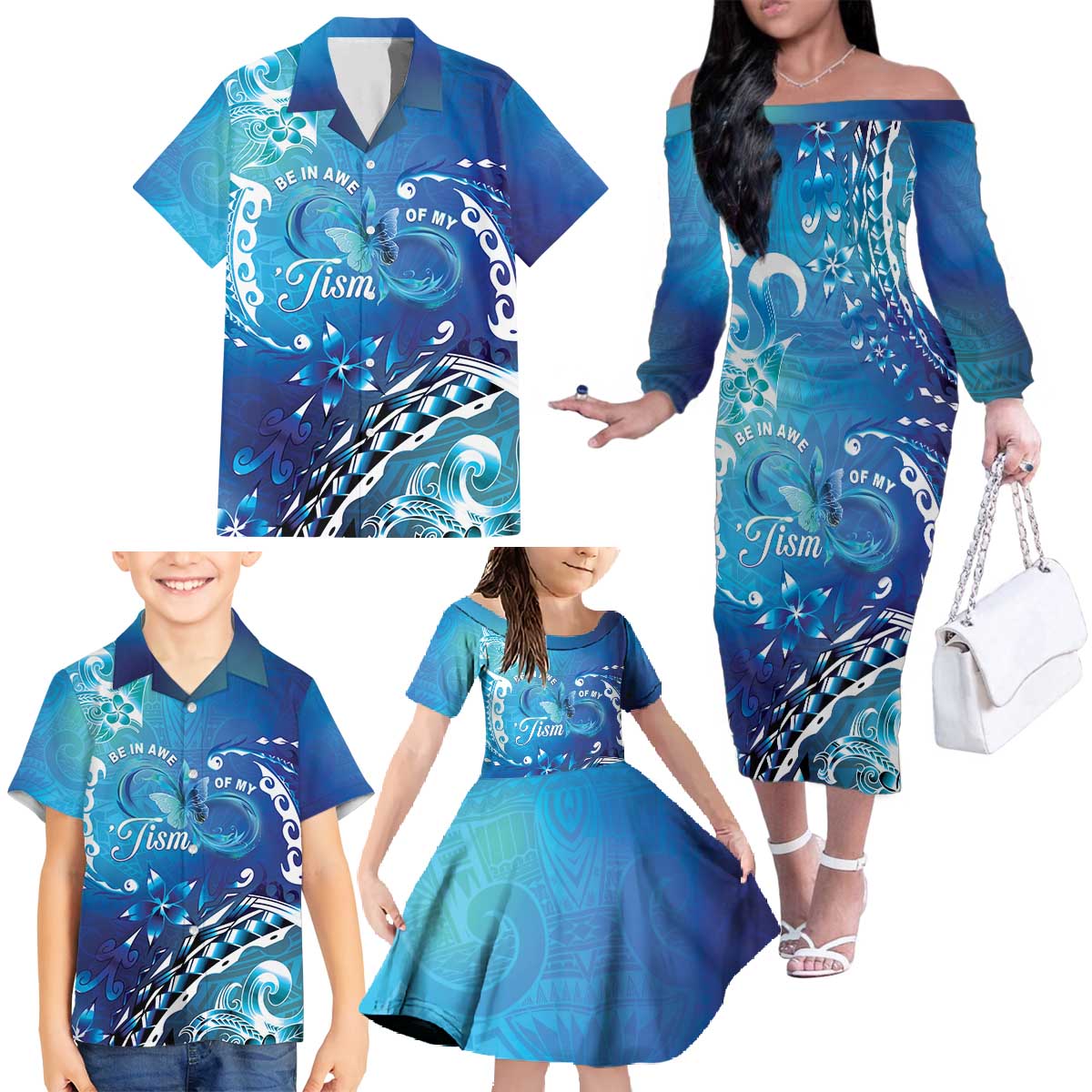 Polynesia Autism Awareness Family Matching Off The Shoulder Long Sleeve Dress and Hawaiian Shirt Be In Awe Of My 'Tism