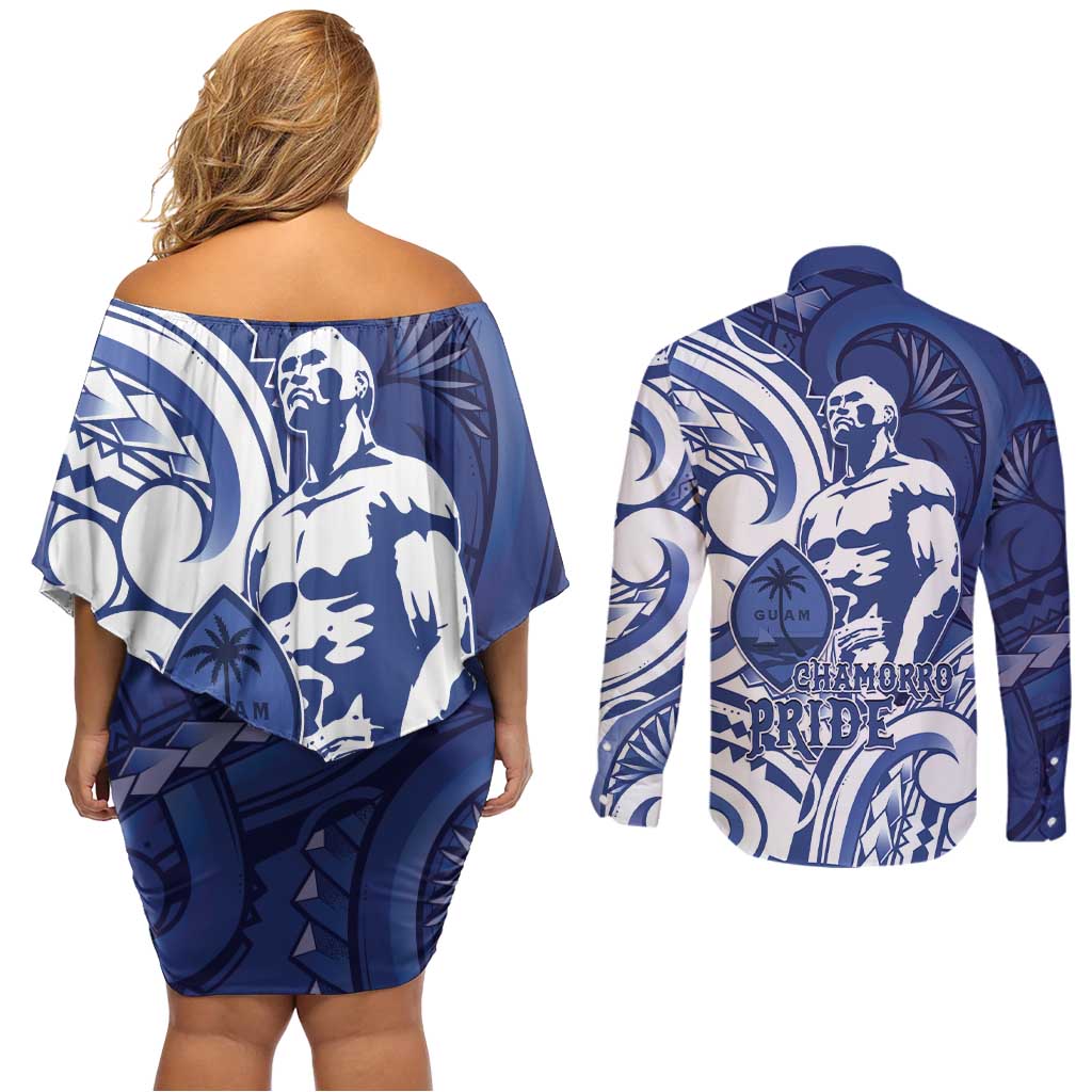Guam Chief Kepuha Couples Matching Off Shoulder Short Dress and Long Sleeve Button Shirt Chamorro Pride