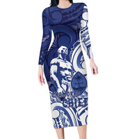 Guam Chief Kepuha Family Matching Long Sleeve Bodycon Dress and Hawaiian Shirt Chamorro Pride LT05 Mom's Dress Blue - Polynesian Pride