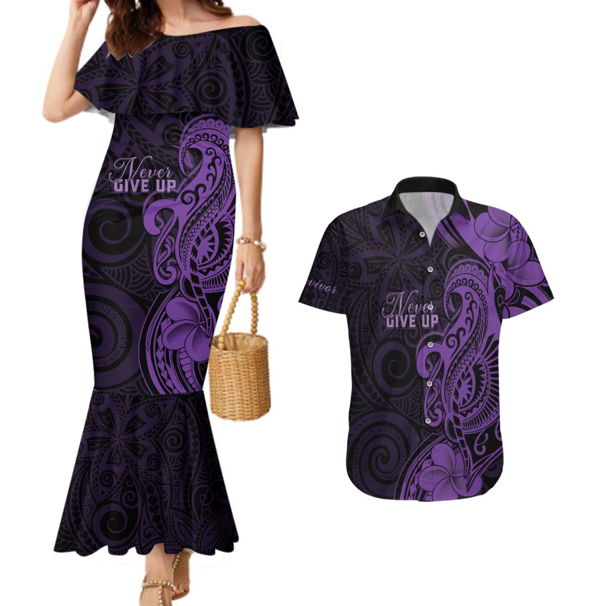 Personalised Lupus Warrior Couples Matching Mermaid Dress and Hawaiian Shirt Never Give Up Polynesian Style