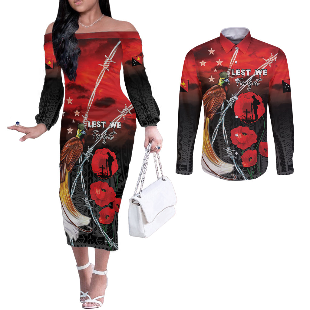 Papua New Guinea Remembrance Day Couples Matching Off The Shoulder Long Sleeve Dress and Long Sleeve Button Shirt Lest We Forget