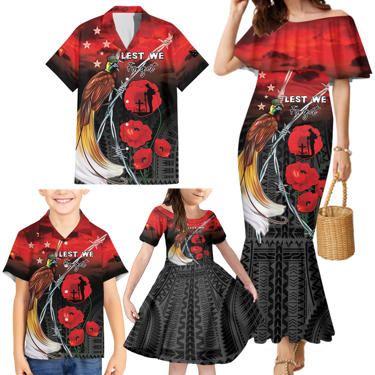 Papua New Guinea Remembrance Day Family Matching Mermaid Dress and Hawaiian Shirt Lest We Forget