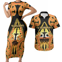 Personalised New Zealand Te Tairawhiti Couples Matching Short Sleeve Bodycon Dress and Hawaiian Shirt Maori Koru Pattern LT05 Orange - Polynesian Pride