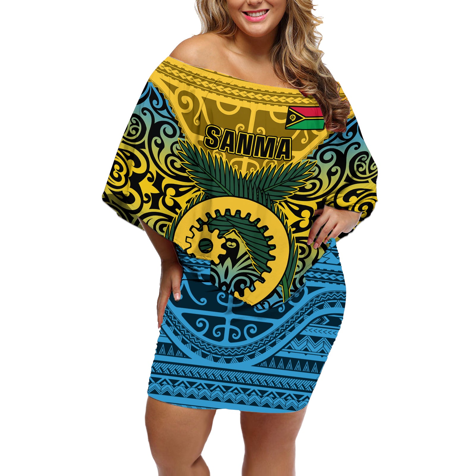 Vanuatu Sanma Province Off Shoulder Short Dress Coat Of Arms And Namele Fern Polynesian Pattern LT05 Women Yellow - Polynesian Pride