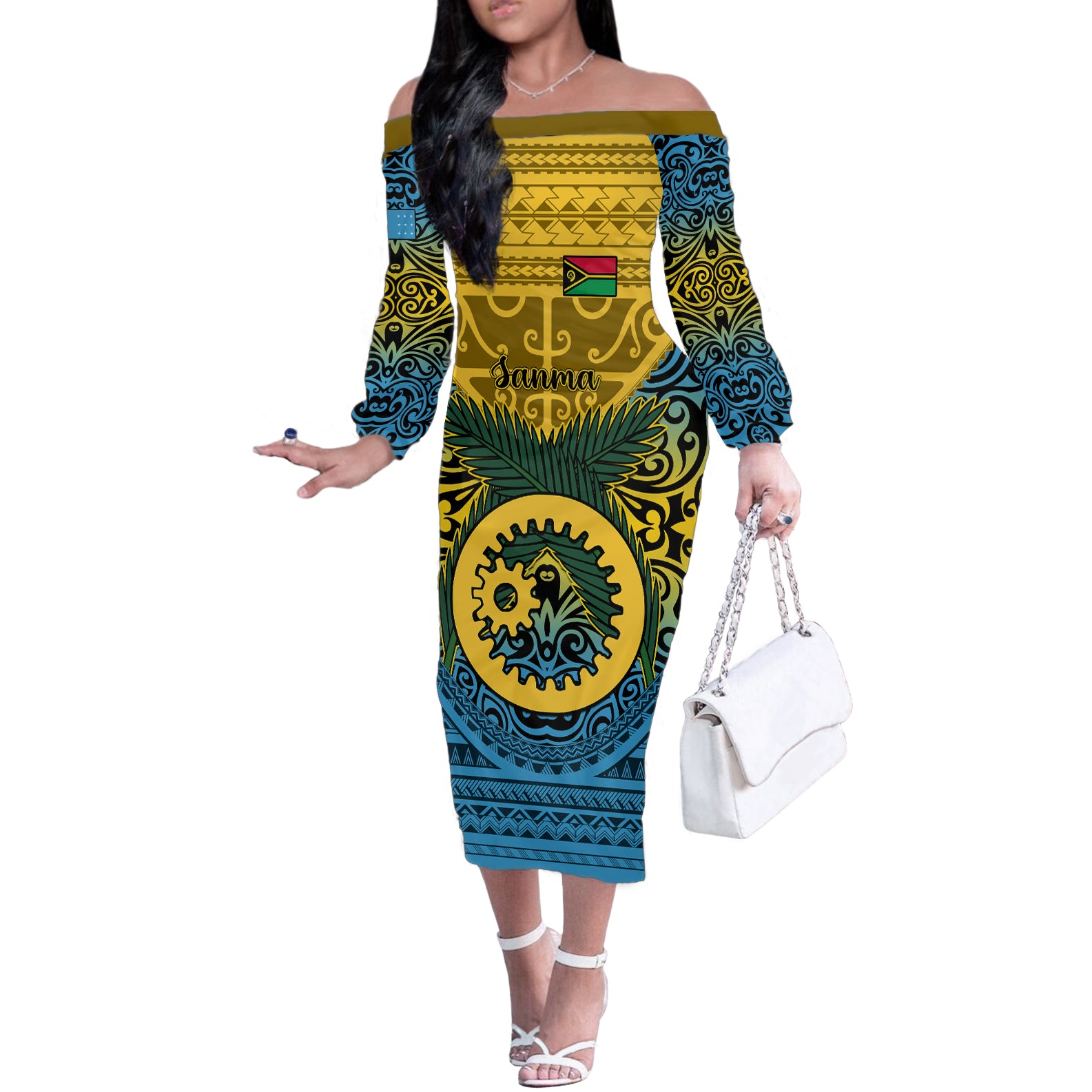 Vanuatu Sanma Province Off The Shoulder Long Sleeve Dress Coat Of Arms And Namele Fern Polynesian Pattern LT05 Women Yellow - Polynesian Pride