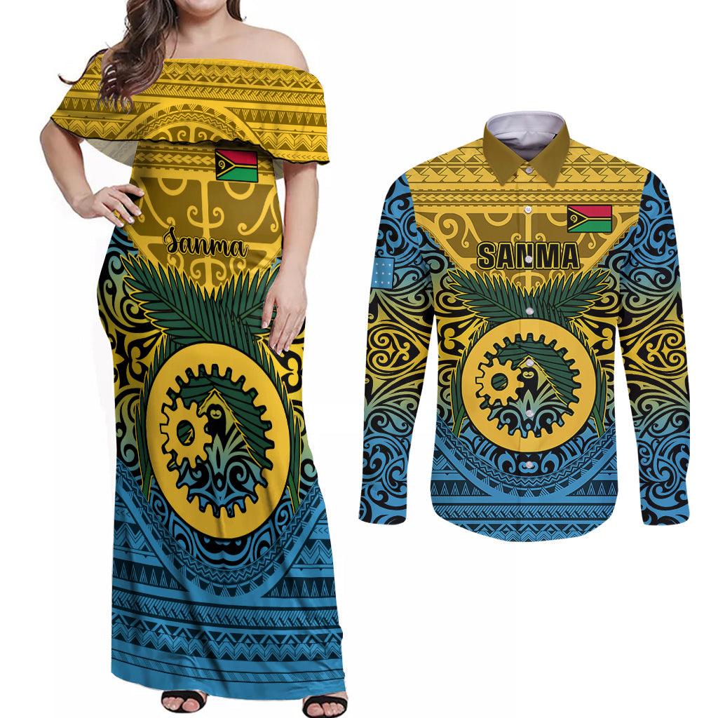 Personalized Vanuatu Sanma Province Couples Matching Off Shoulder Maxi Dress and Long Sleeve Button Shirts Coat Of Arms And Namele Fern Polynesian Pattern LT05 Yellow - Polynesian Pride