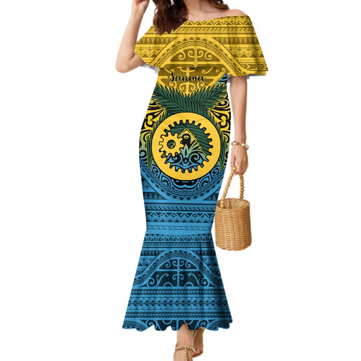 Personalized Vanuatu Sanma Province Mermaid Dress Coat Of Arms And Namele Fern Polynesian Pattern LT05 Women Yellow - Polynesian Pride