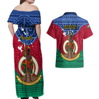 Vanuatu Shefa Province Couples Matching Off Shoulder Maxi Dress and Hawaiian Shirt Coat Of Arms And Namele Fern Polynesian Pattern LT05 - Polynesian Pride