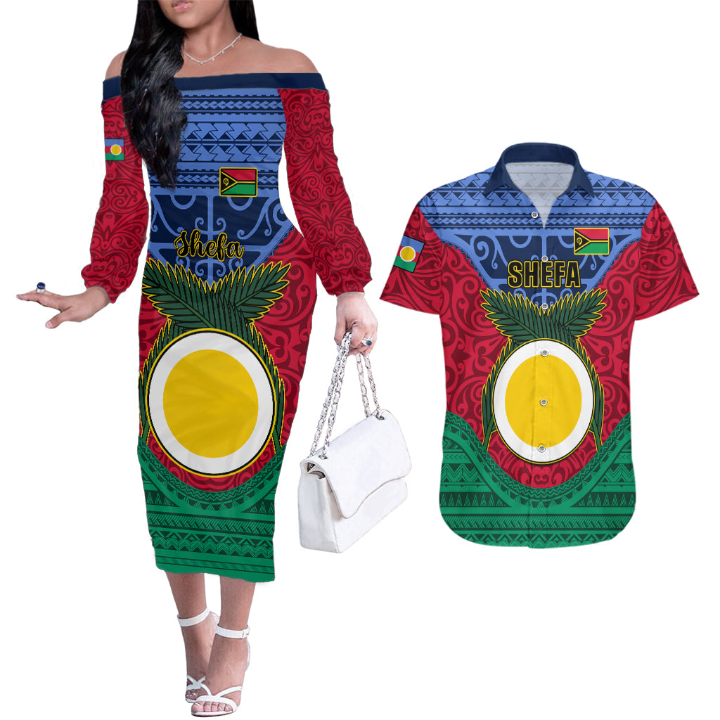 Vanuatu Shefa Province Couples Matching Off The Shoulder Long Sleeve Dress and Hawaiian Shirt Coat Of Arms And Namele Fern Polynesian Pattern LT05 Red - Polynesian Pride