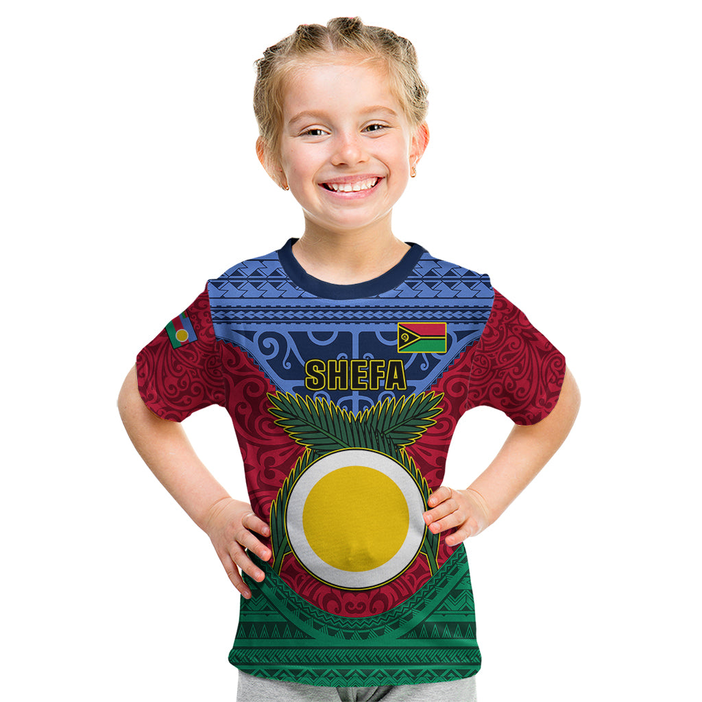 Vanuatu Shefa Province Kid T Shirt Coat Of Arms And Namele Fern Polynesian Pattern LT05 Red - Polynesian Pride