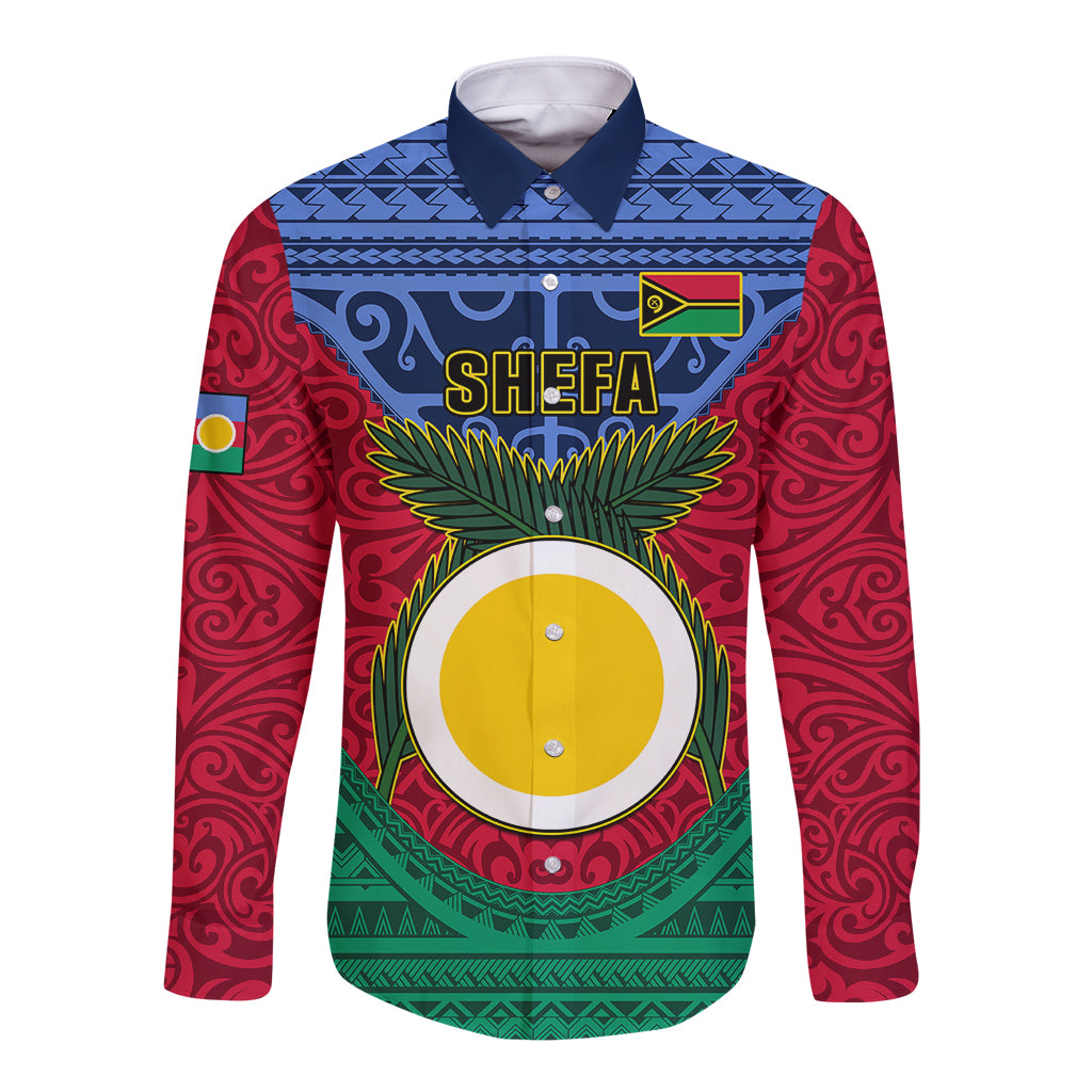 Vanuatu Shefa Province Long Sleeve Button Shirt Coat Of Arms And Namele Fern Polynesian Pattern LT05 Unisex Red - Polynesian Pride