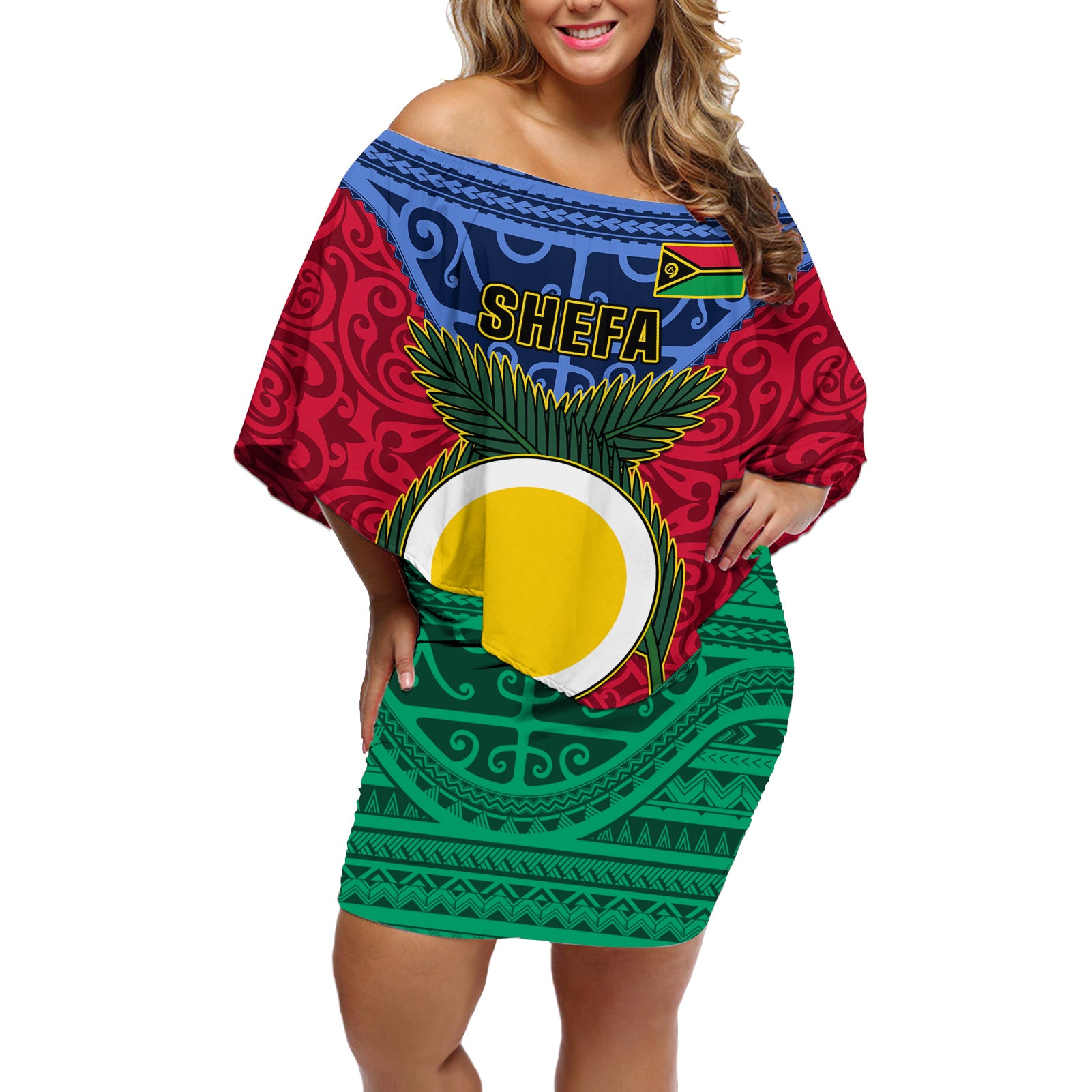 Vanuatu Shefa Province Off Shoulder Short Dress Coat Of Arms And Namele Fern Polynesian Pattern LT05 Women Red - Polynesian Pride