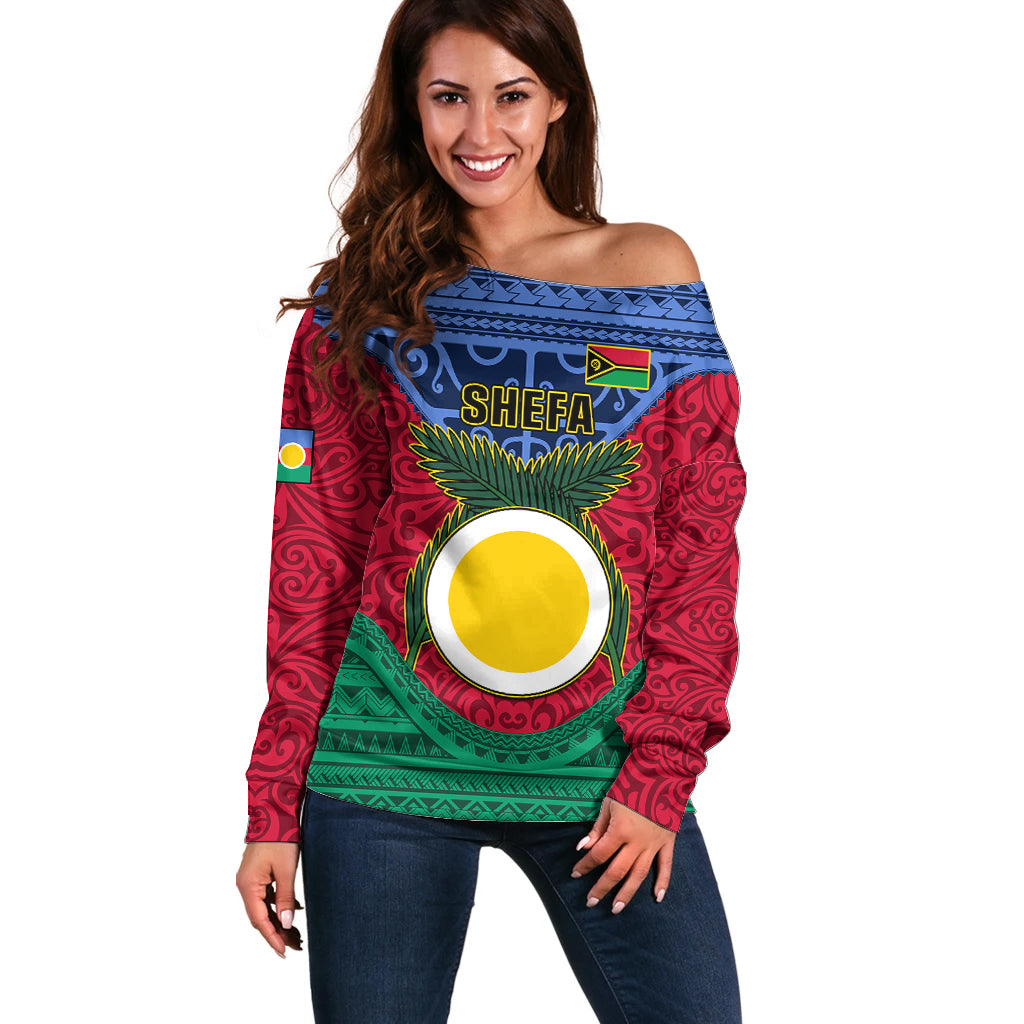 Vanuatu Shefa Province Off Shoulder Sweater Coat Of Arms And Namele Fern Polynesian Pattern LT05 Women Red - Polynesian Pride