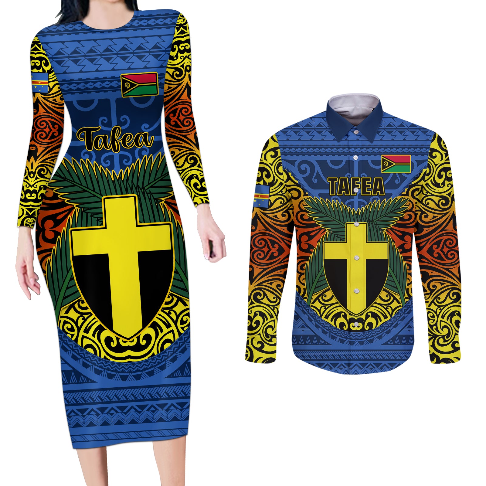 Vanuatu Tafea Province Couples Matching Long Sleeve Bodycon Dress and Long Sleeve Button Shirts Coat Of Arms And Namele Fern Polynesian Pattern LT05 Blue - Polynesian Pride