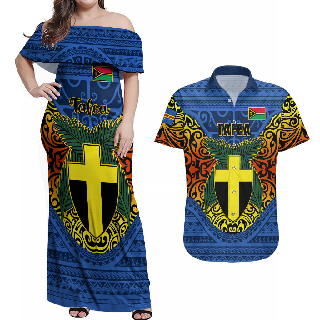 Vanuatu Tafea Province Couples Matching Off Shoulder Maxi Dress and Hawaiian Shirt Coat Of Arms And Namele Fern Polynesian Pattern LT05 Blue - Polynesian Pride