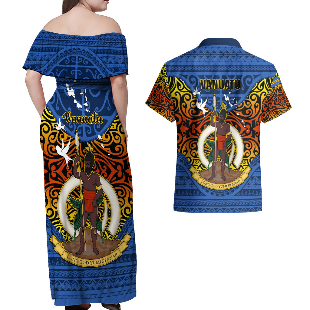 Vanuatu Tafea Province Couples Matching Off Shoulder Maxi Dress and Hawaiian Shirt Coat Of Arms And Namele Fern Polynesian Pattern LT05 - Polynesian Pride