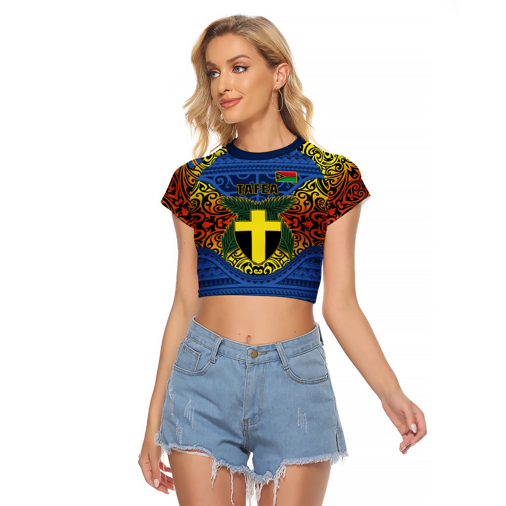 Vanuatu Tafea Province Raglan Cropped T Shirt Coat Of Arms And Namele Fern Polynesian Pattern LT05 Female Blue - Polynesian Pride