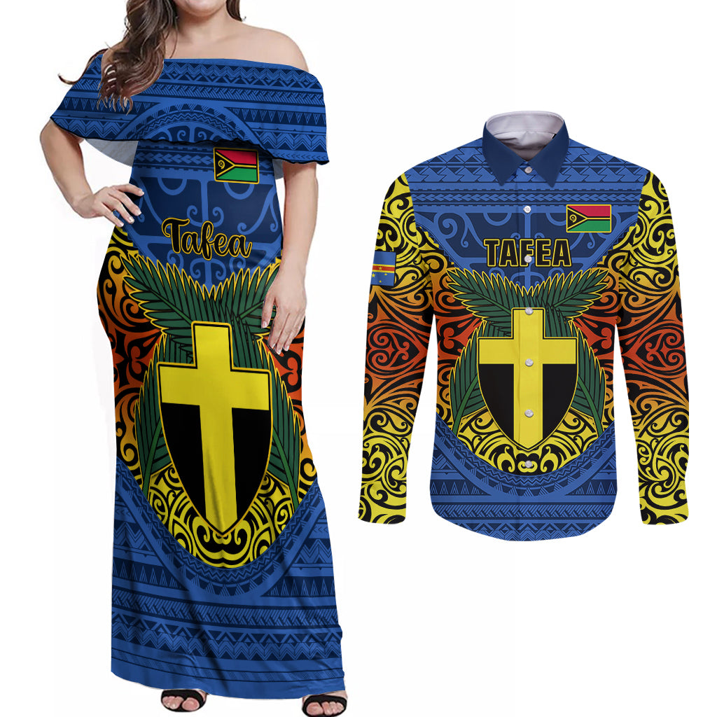 Personalized Vanuatu Tafea Province Couples Matching Off Shoulder Maxi Dress and Long Sleeve Button Shirts Coat Of Arms And Namele Fern Polynesian Pattern LT05 Blue - Polynesian Pride